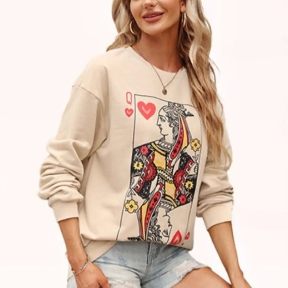 Queen of Hearts Playing Card Graphic Round Neck Sweatshirt